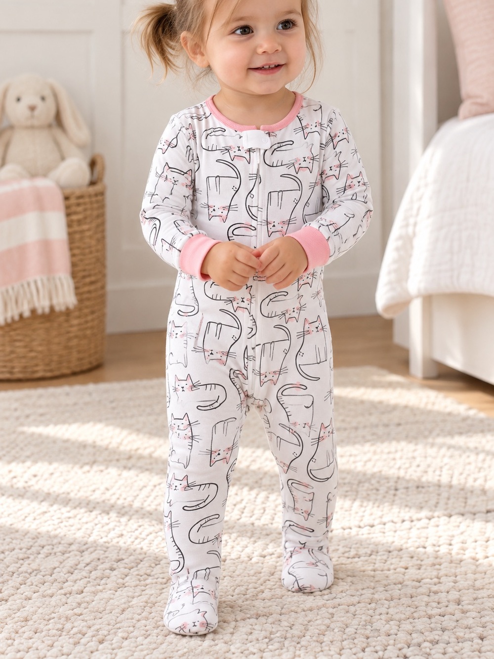 Carter's Baby Girl’s White Cat-Print Footed One-Piece with Pink Trim - 18 Months